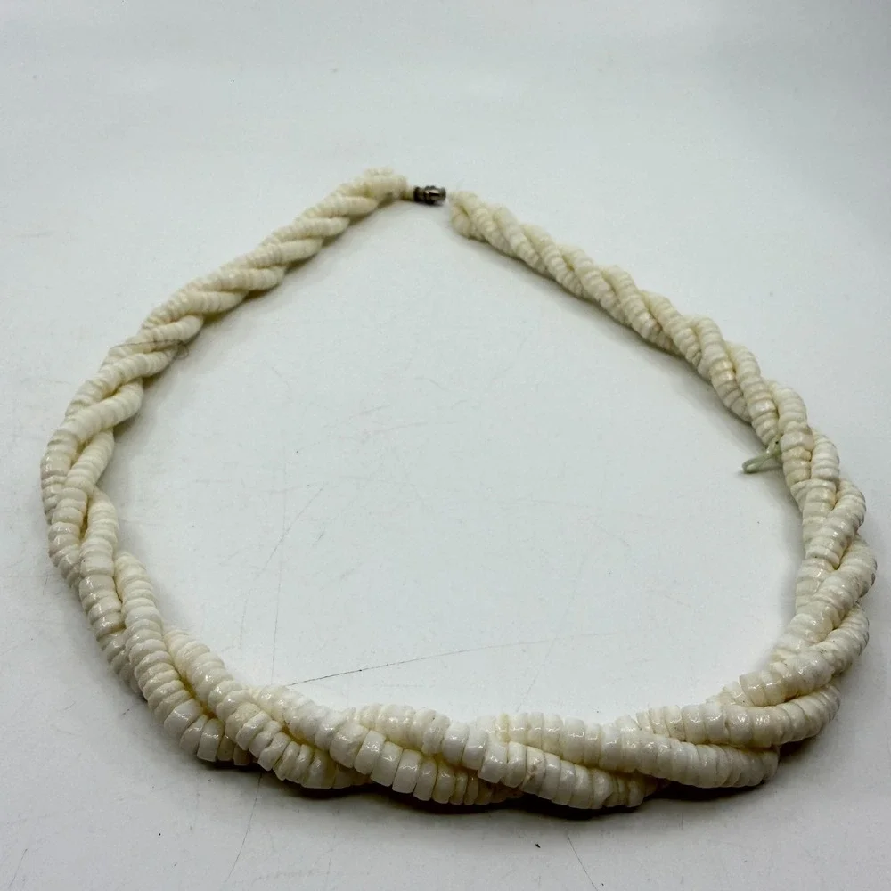 White Puka Shell Heishi Bead Necklace Triple Strand Twisted Boho Coastal Beach